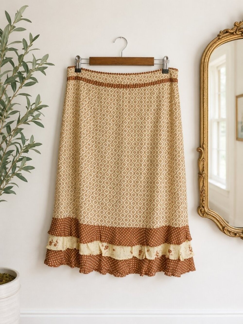 Vintage Moaakt Prairie Cottagecore Ruffle Midi Skirt Brown Cream Women's L - Picture 2 of 9